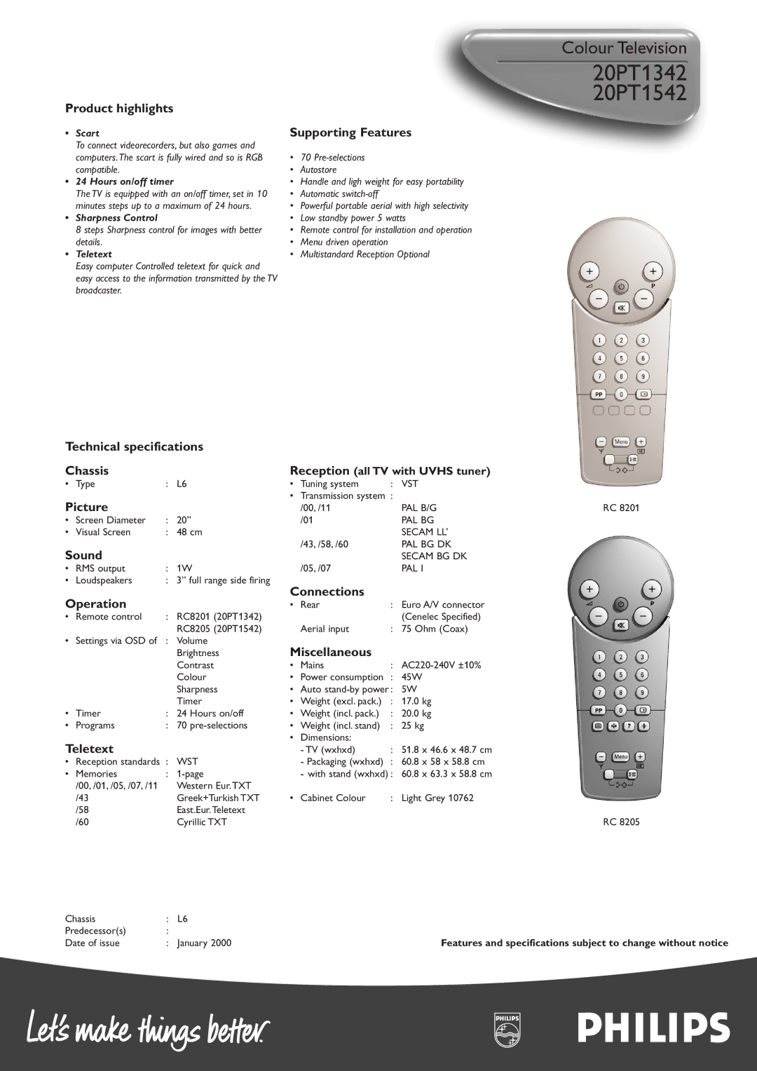 Philips 20PT1342 manual Technical specifications Chassis, Picture, Sound, Connections Operation, Miscellaneous, Teletext 