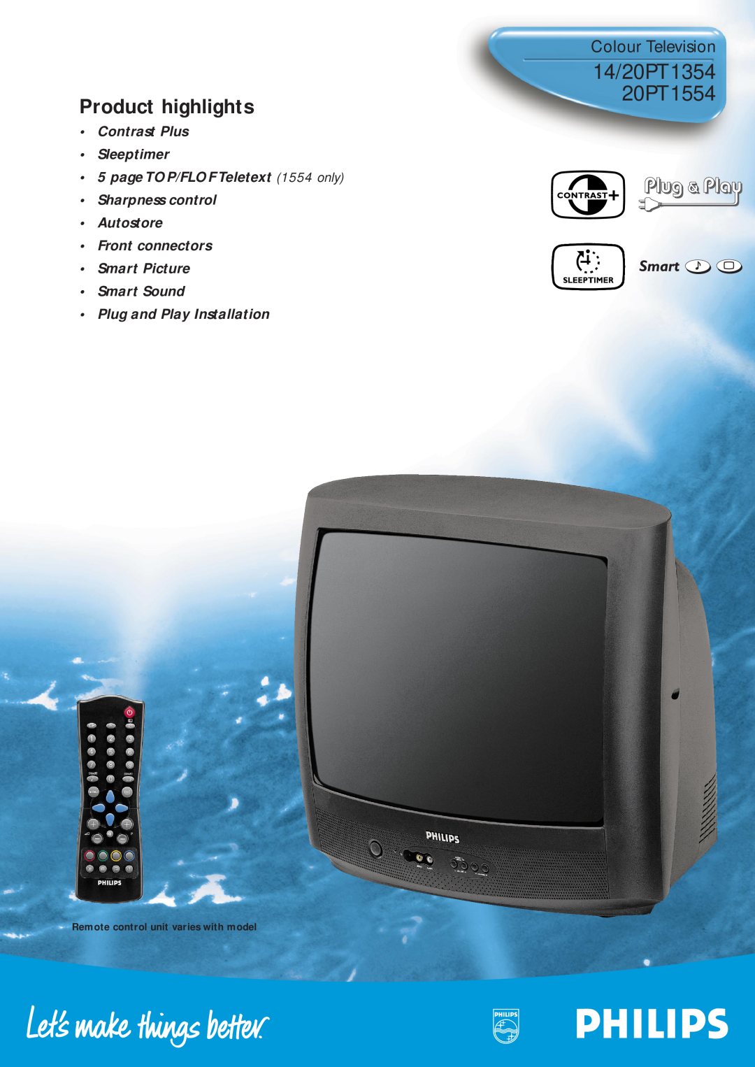 Philips manual 14/20PT1354 20PT1554, Product highlights, Colour Television, Smart Sound Plug and Play Installation 