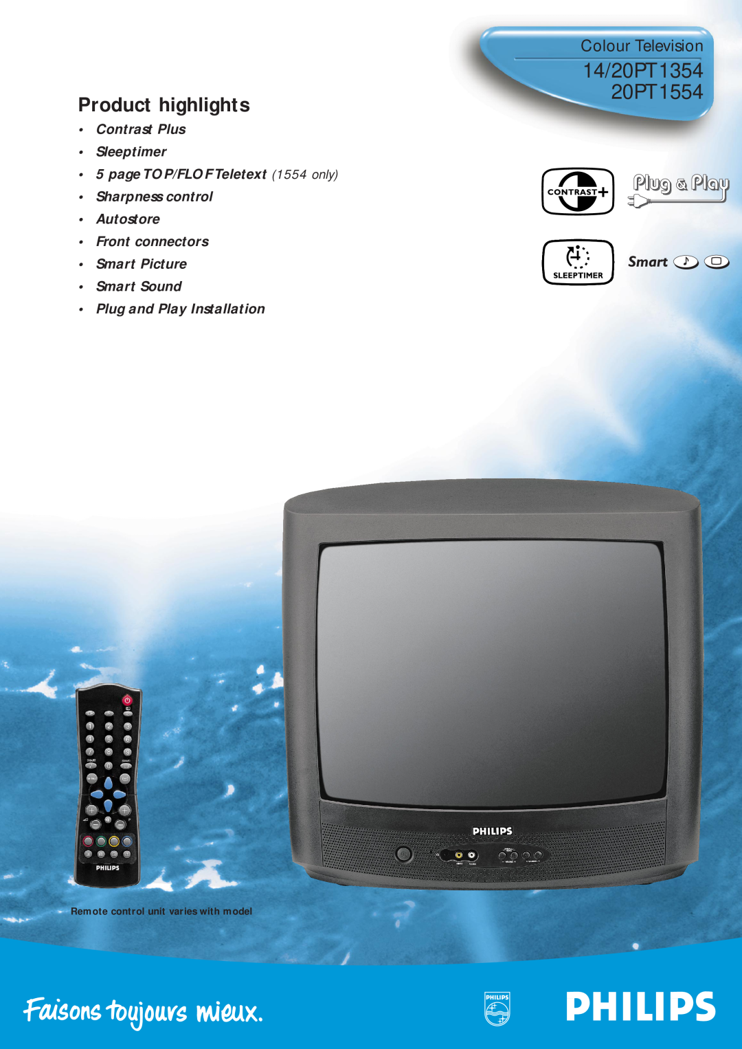 Philips manual 14/20PT1354 20PT1554, Product highlights, Colour Television, Smart Sound Plug and Play Installation 