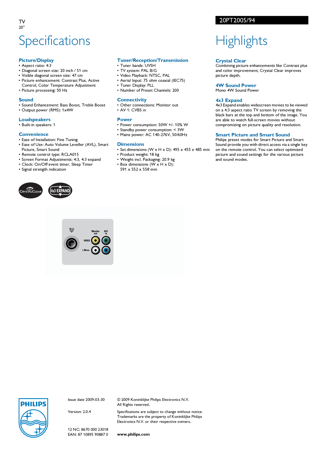 Philips 20PT2005/94TV manual Specifications, Highlights 