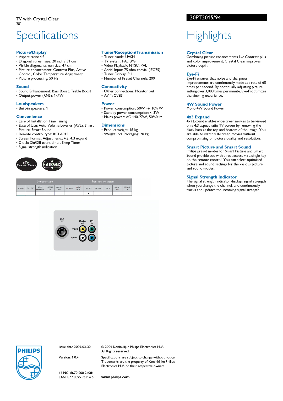 Philips 20PT2015 manual Specifications, Highlights 