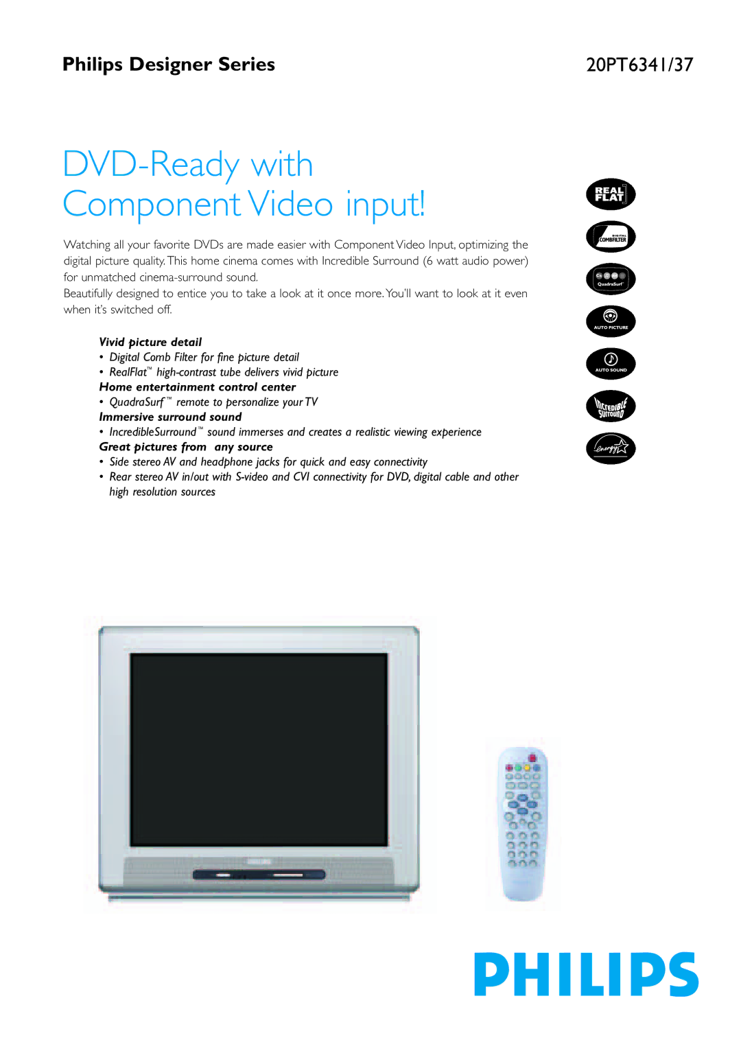 Philips 20PT6337 manual Vivid picture detail, Home entertainment control center, Immersive surround sound 