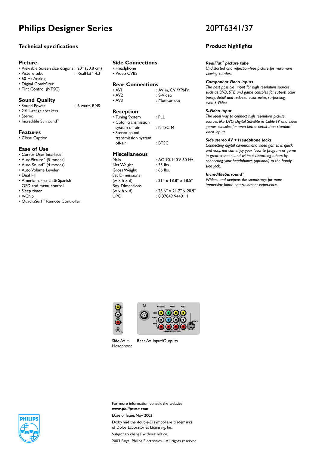 Philips 20PT6337 Technical specifications Picture, Sound Quality, Features, Side Connections, Rear Connections, Reception 