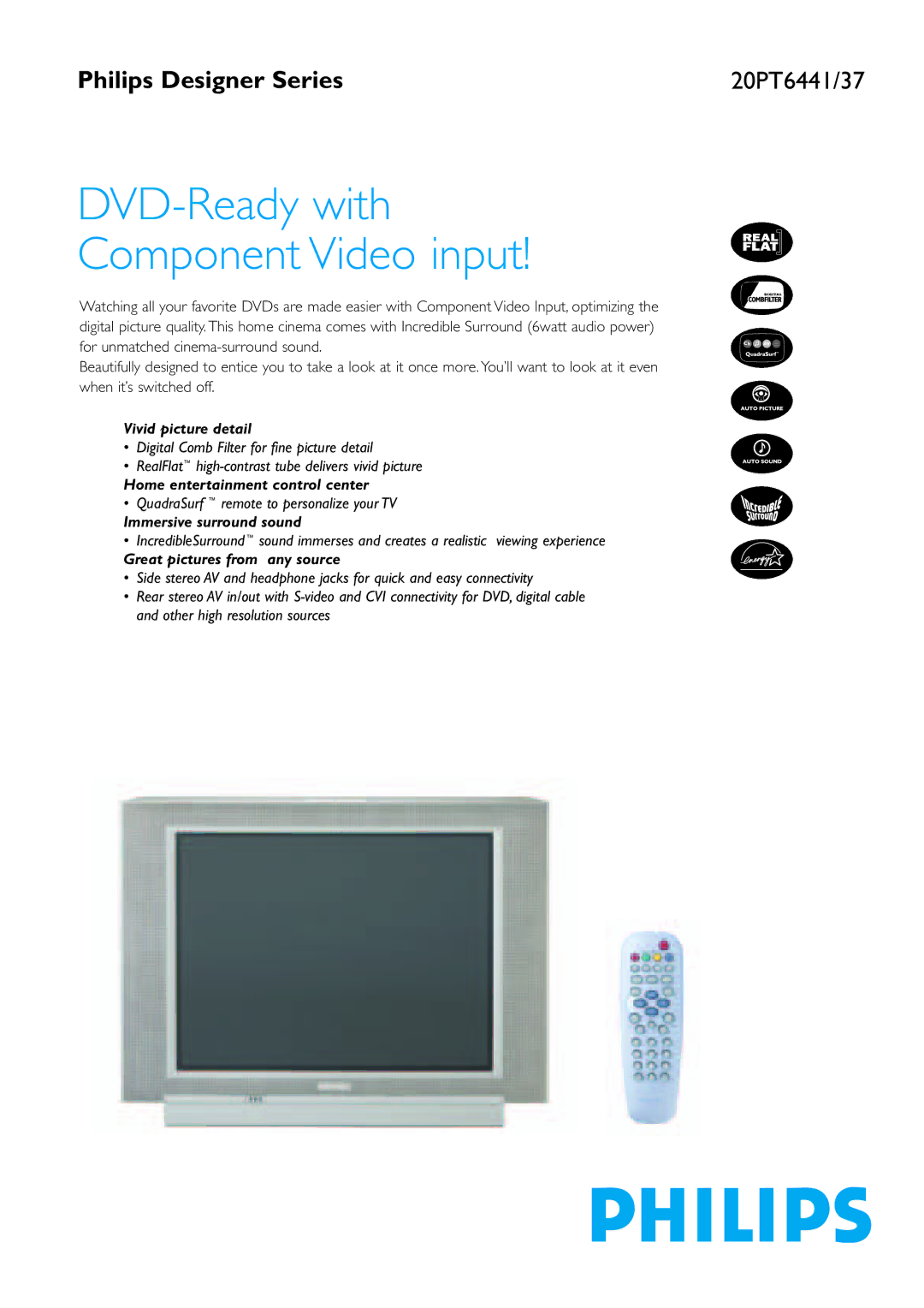 Philips 20PT6437 manual Vivid picture detail, Home entertainment control center, Immersive surround sound 