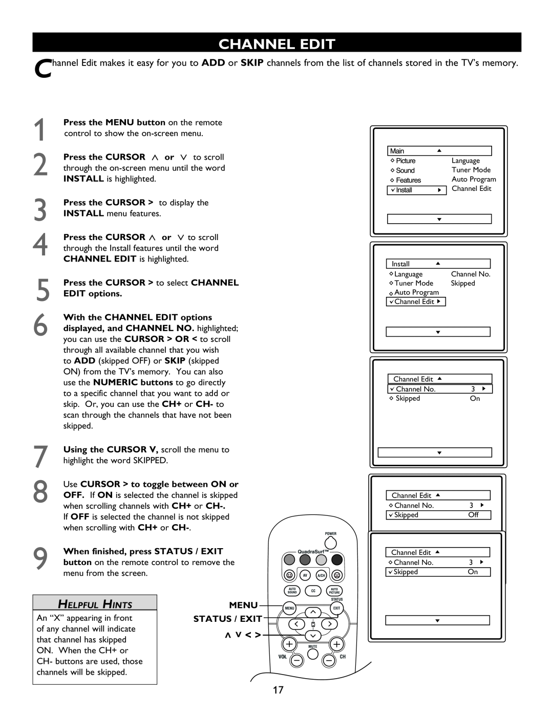Philips 20PT6446 user manual Channel Edit, channels from the list of channels stored in the TV’s memory, Helpful Hints 