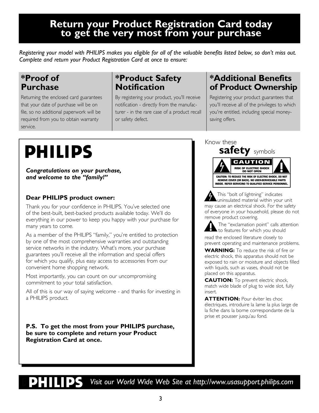 Philips 20PT6446 Product Safety Notification, Know these safety symbols, Proof of Purchase, Dear PHILIPS product owner 