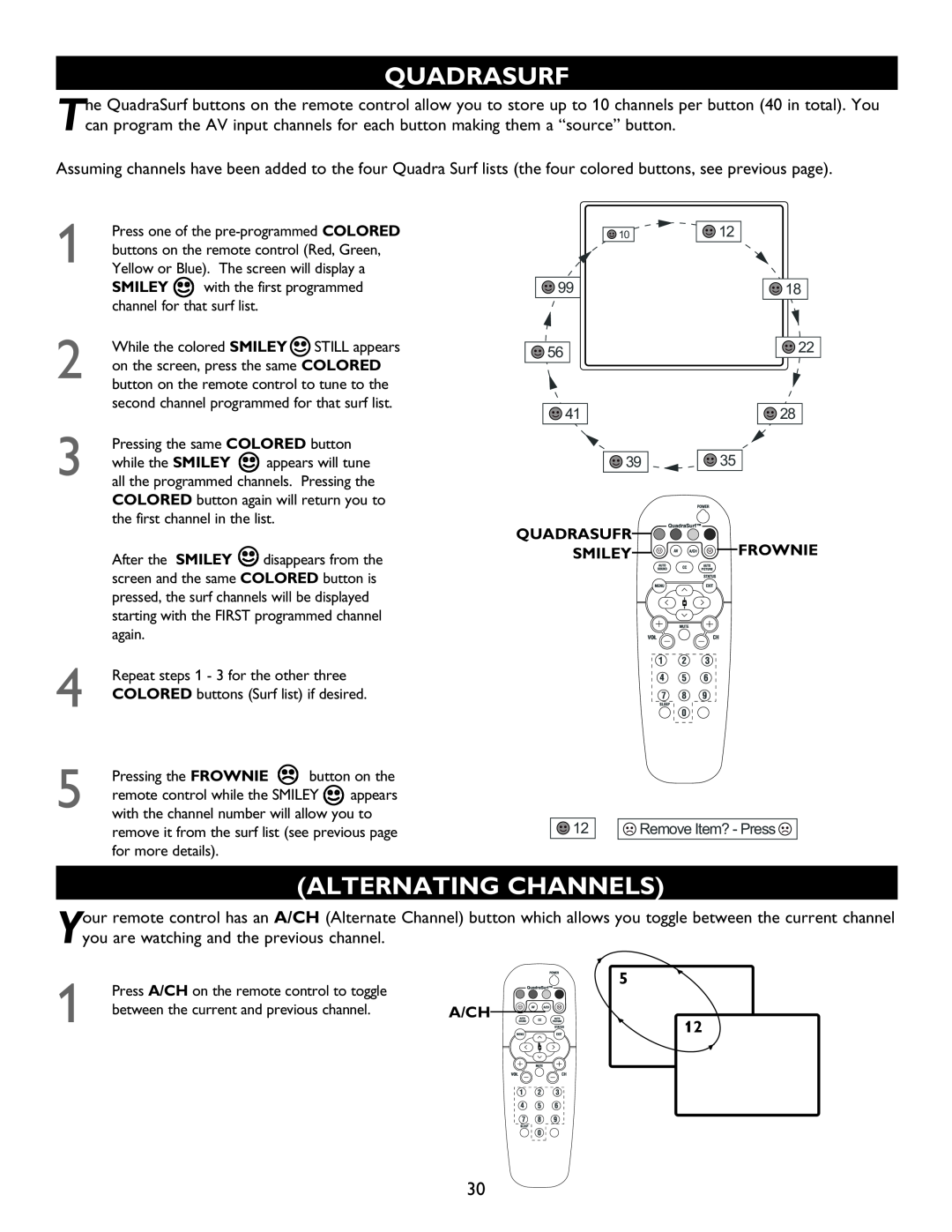 Philips 20PT6446 user manual Alternating Channels, Quadrasurf, Quadrasufr Smiley Frownie, A/Ch 