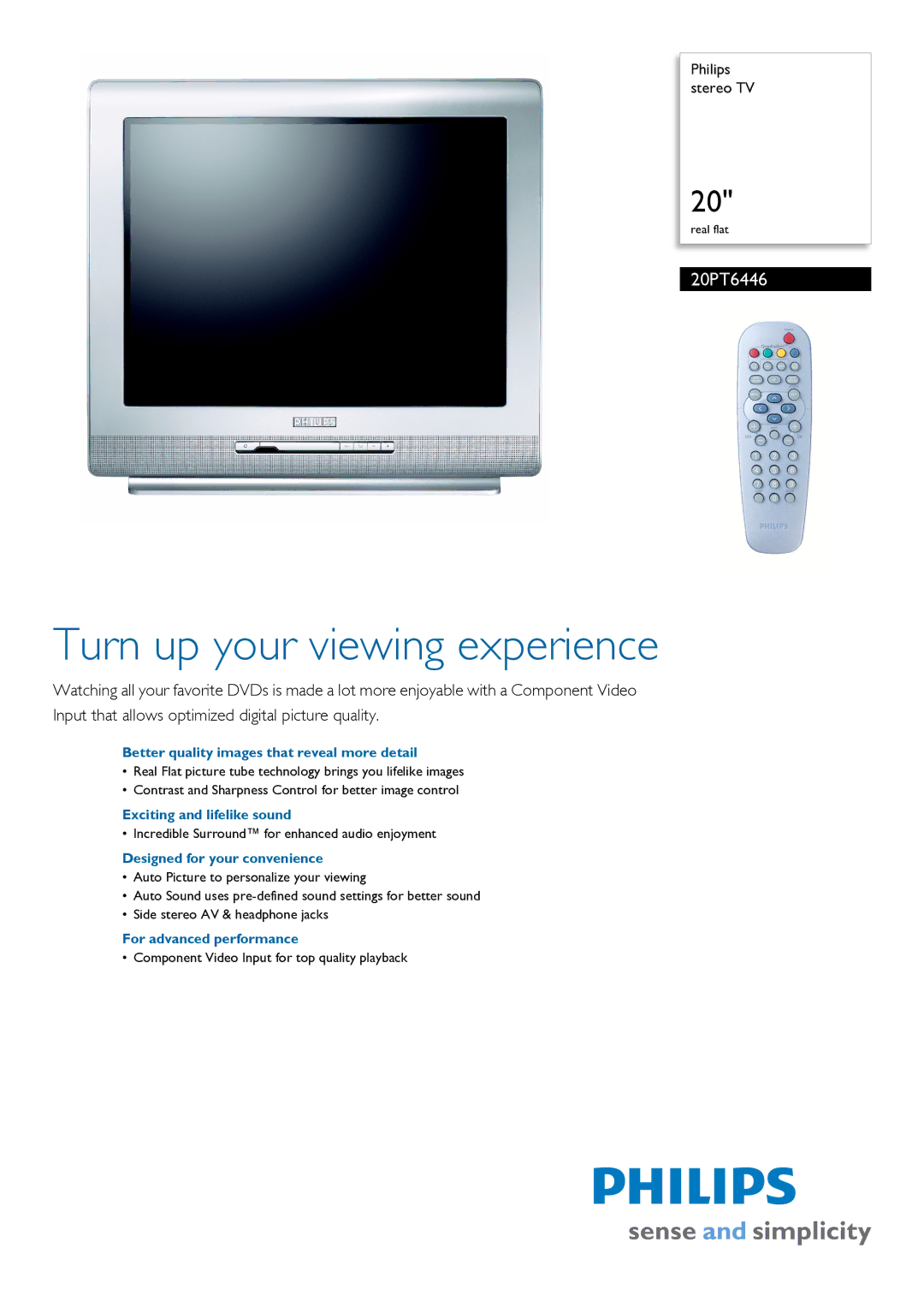 Philips 20PT6446/37 manual Better quality images that reveal more detail, Exciting and lifelike sound, Real flat 