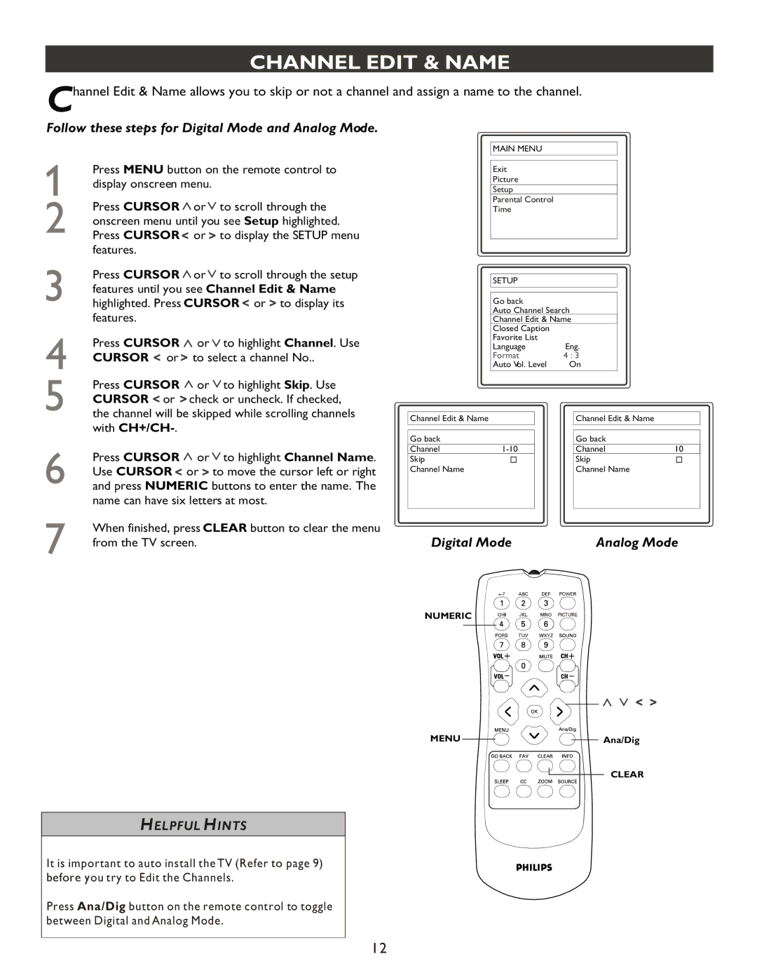 Philips 20PT9007D user manual Channel Edit & Name, Digital Mode Analog Mode 