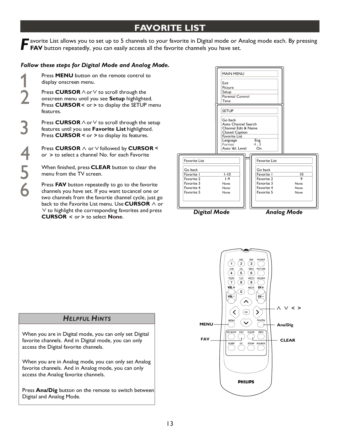 Philips 20PT9007D user manual Favorite List 