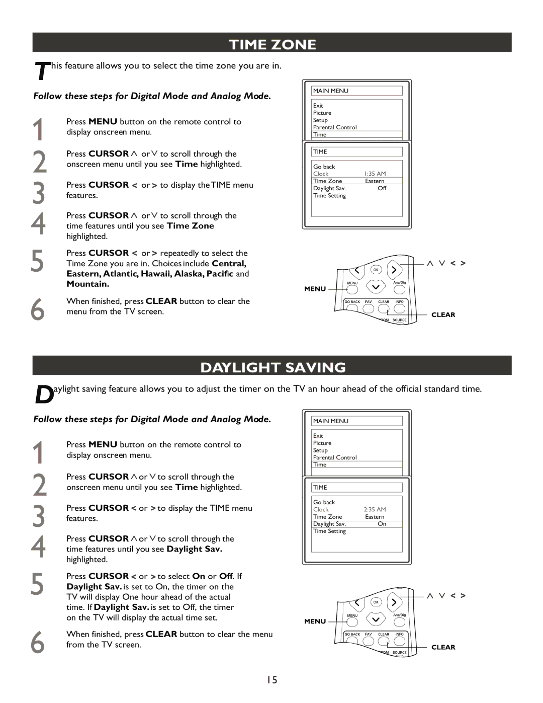 Philips 20PT9007D user manual Time Zone, Daylight Saving 