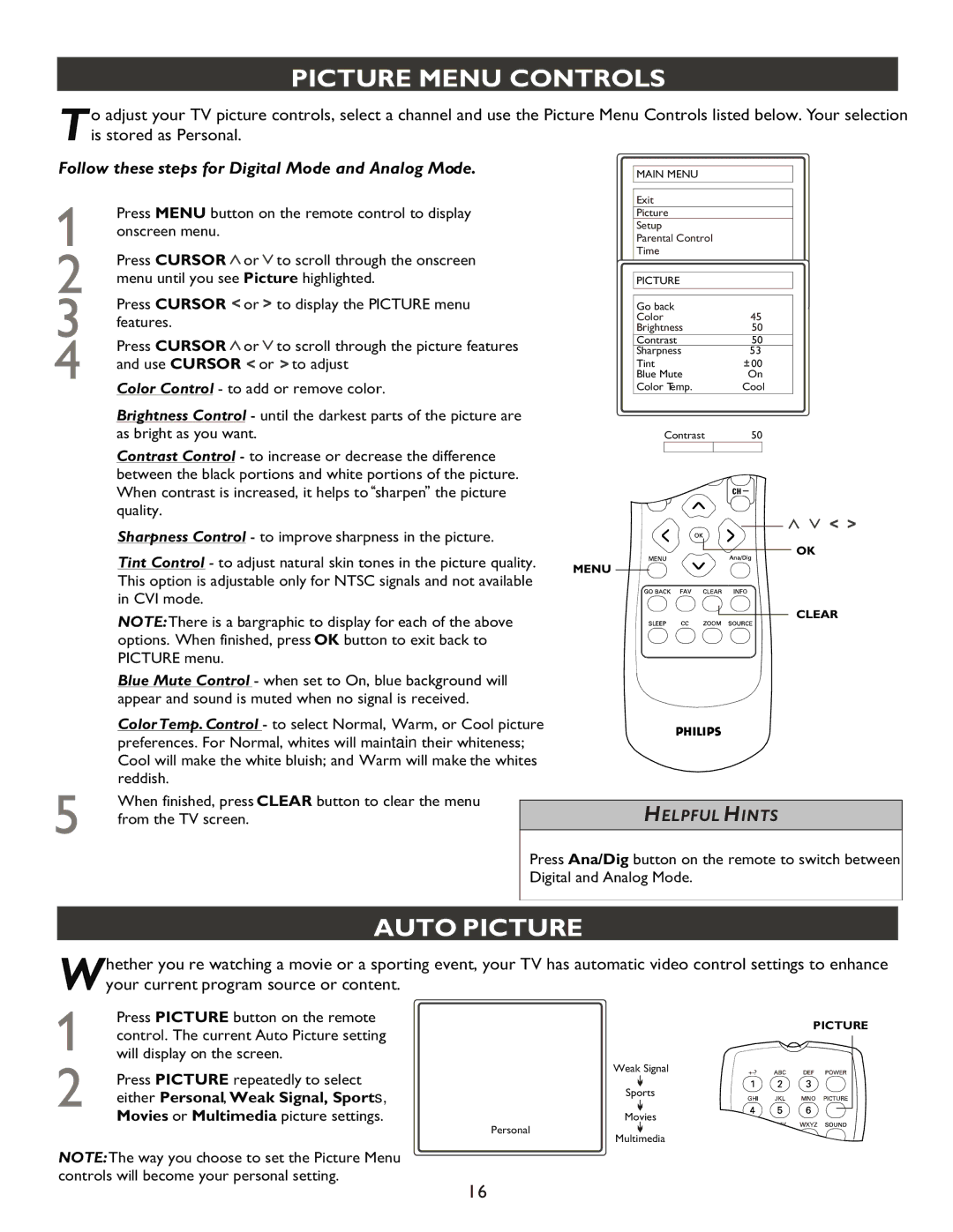 Philips 20PT9007D user manual Picture Menu Controls, Auto Picture 