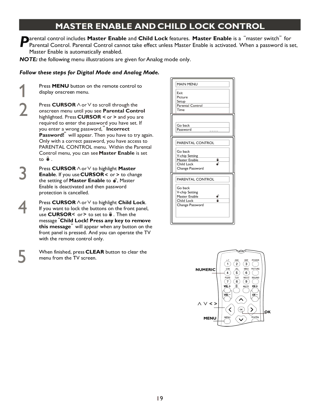 Philips 20PT9007D user manual Master Enable and Child Lock Control, Incorrect 