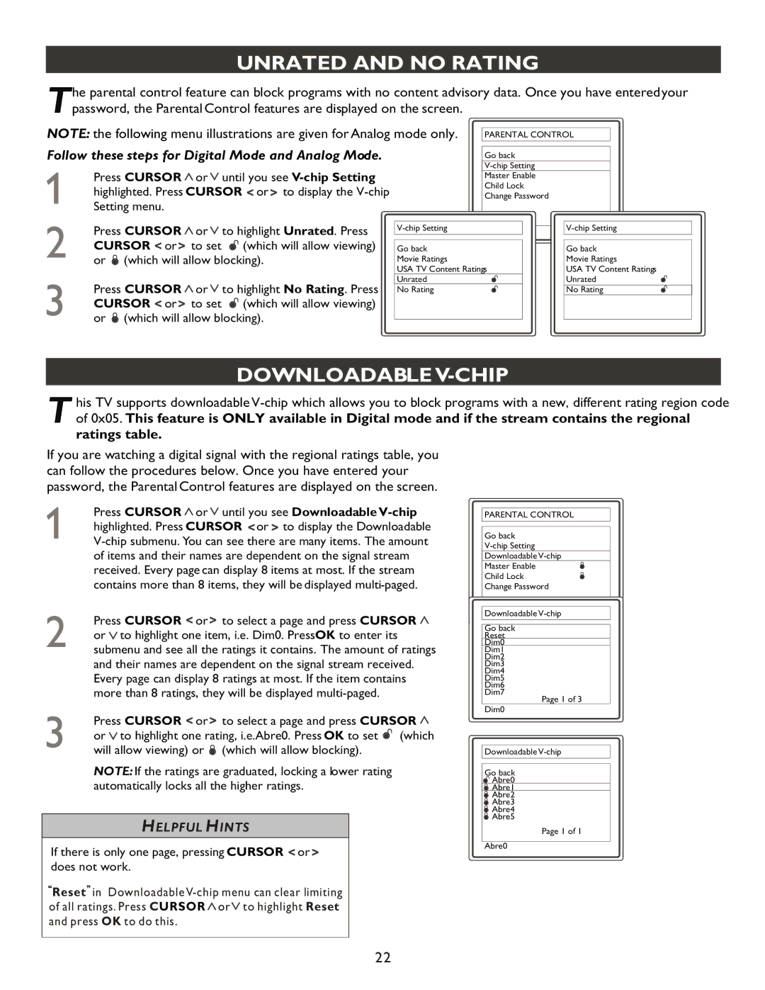 Philips 20PT9007D user manual Unrated and no Rating, Downloadable V-CHIP, Ratings table 