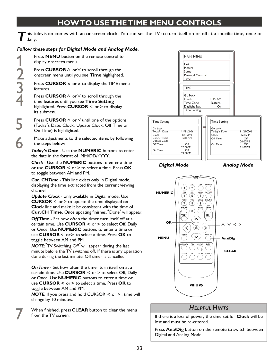 Philips 20PT9007D user manual Howto USE the Time Menu Controls 