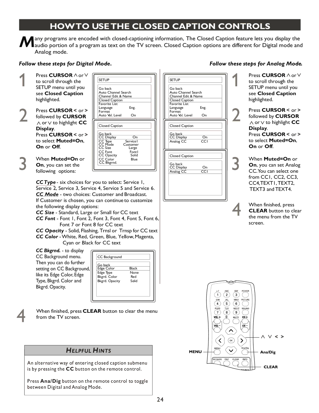 Philips 20PT9007D user manual Howto USE the Closed Caption Controls, On or Off When Muted=On or On, you can set Analog 