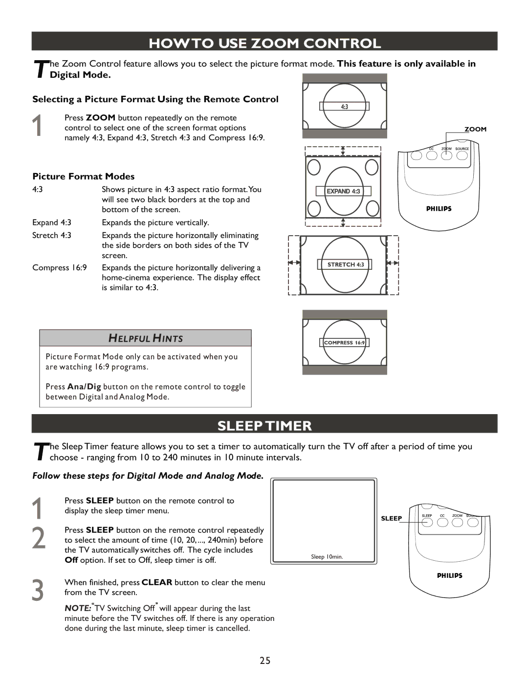 Philips 20PT9007D user manual Howto USE Zoom Control, Sleep Timer, Picture Format Modes 