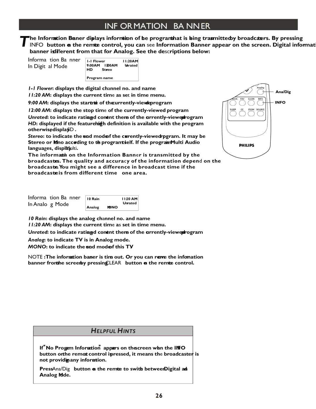 Philips 20PT9007D user manual Information Banner Digital Mode, Information Banner Analog Mode 