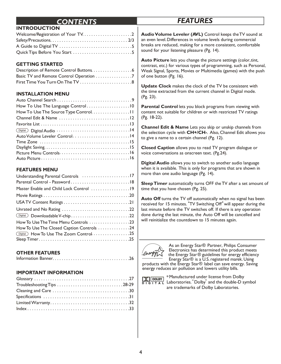 Philips 20PT9007D user manual Contents 