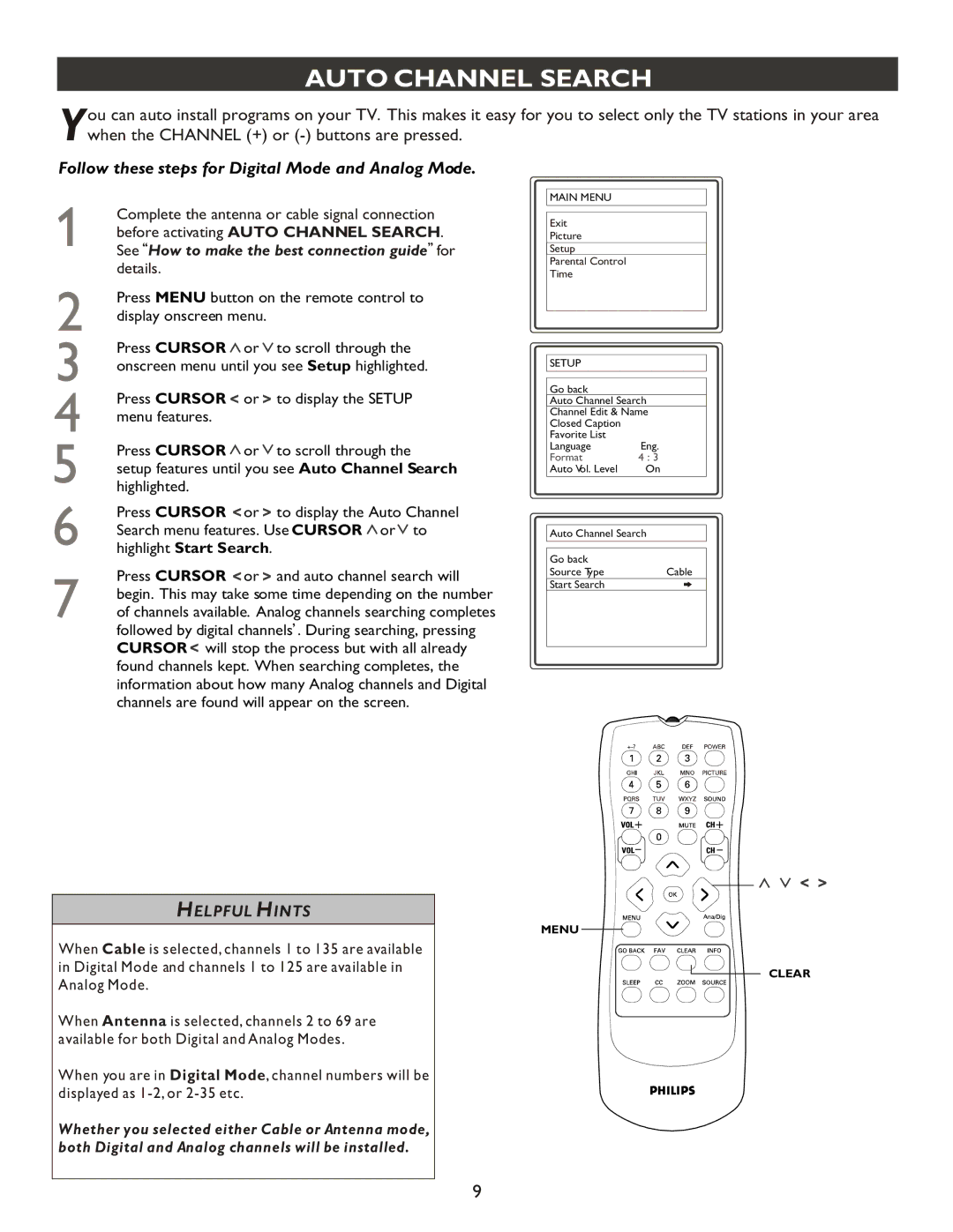 Philips 20PT9007D user manual Auto Channel Search, Follow these steps for Digital Mode and Analog Mode 