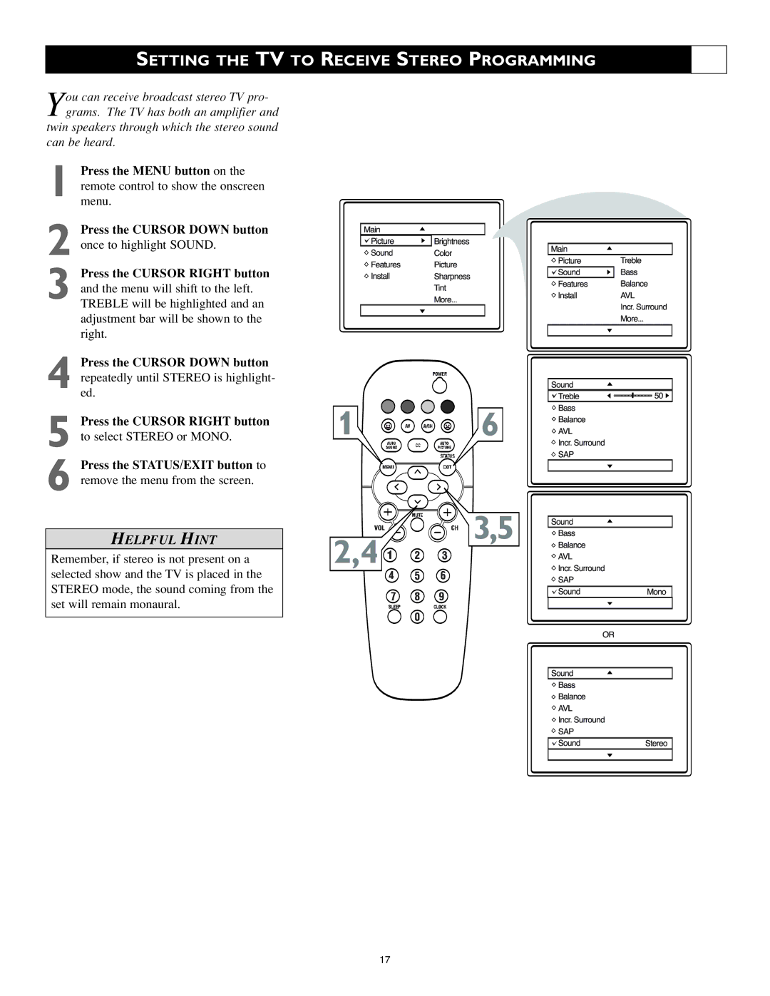 Philips 20RF50S warranty Setting the TV to Receive Stereo Programming 