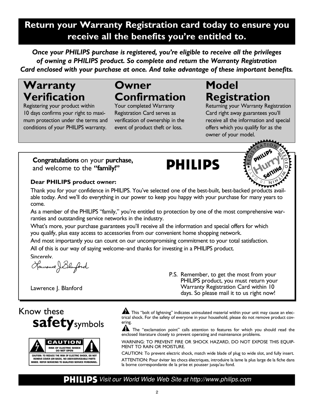 Philips 20RF50S warranty Warranty Owner Verification Confirmation 