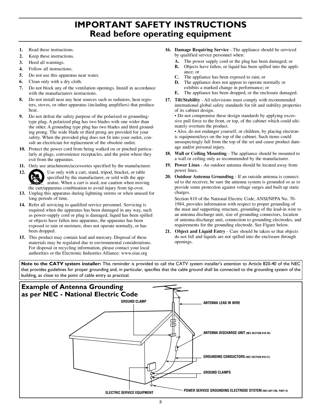 Philips 20RF50S warranty Important Safety Instructions 