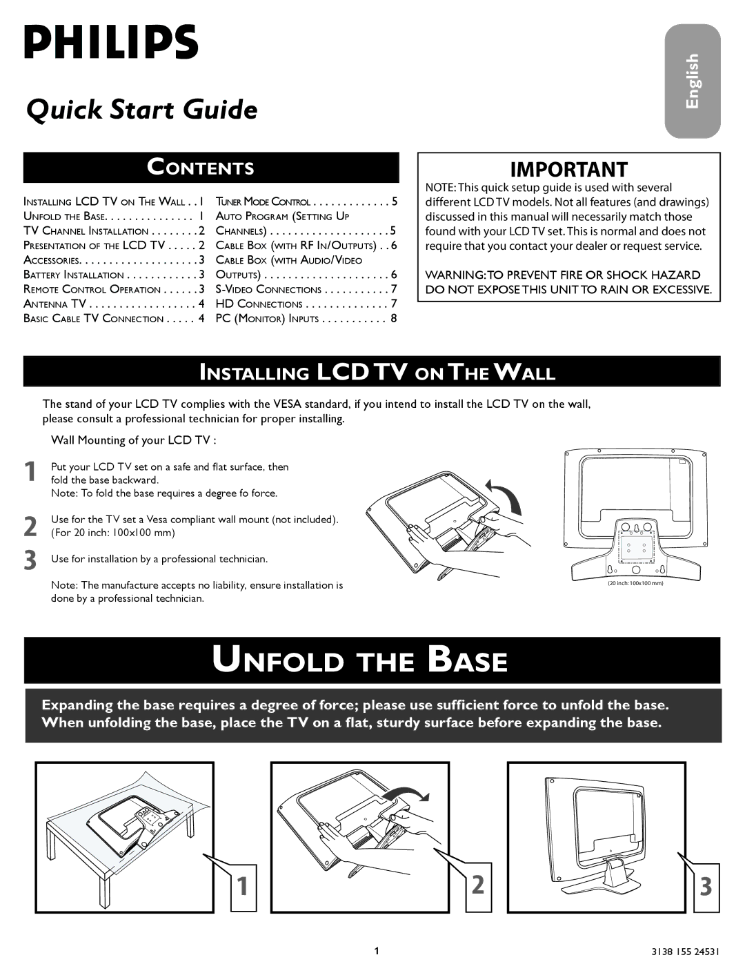 Philips 20TA1000/98 quick start Unfold the Base, Contents, Installing LCD TV on the Wall 