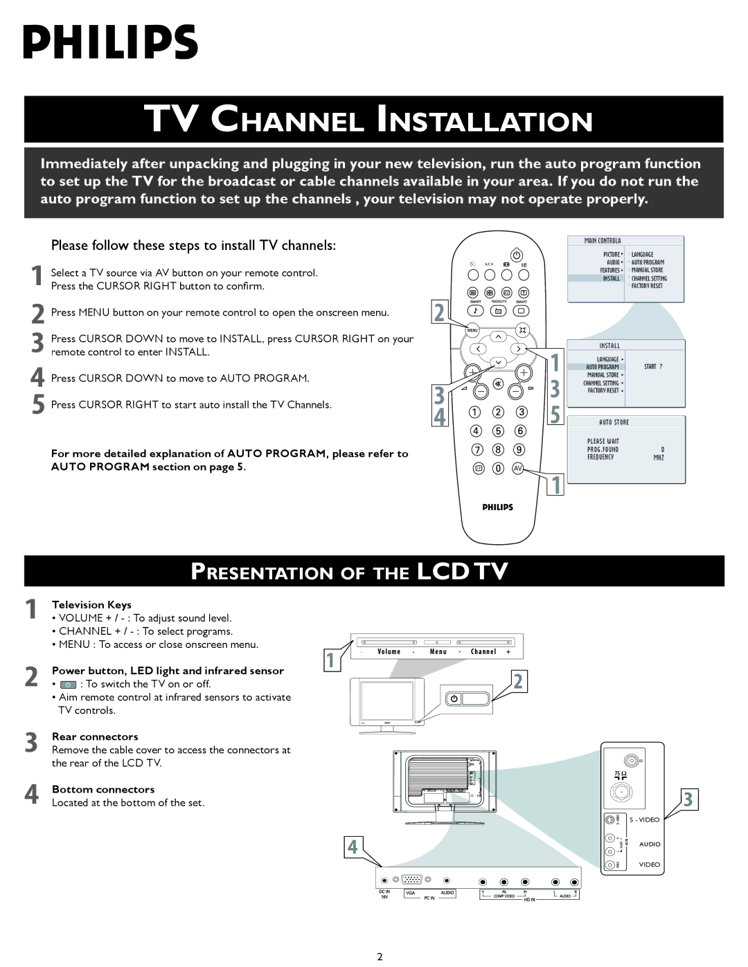 Philips 20TA1000/98 quick start TV Channel Installation, Presentation of the LCD TV 