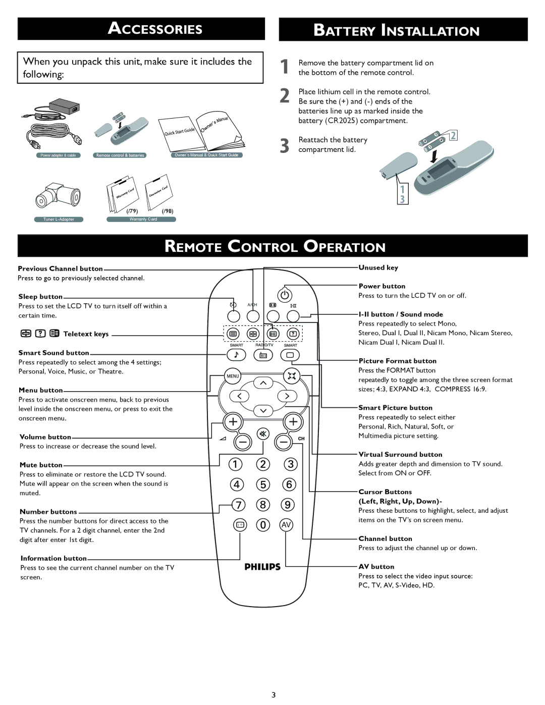 Philips 20TA1000/98 quick start Accessories, Battery Installation, Remote Control Operation 