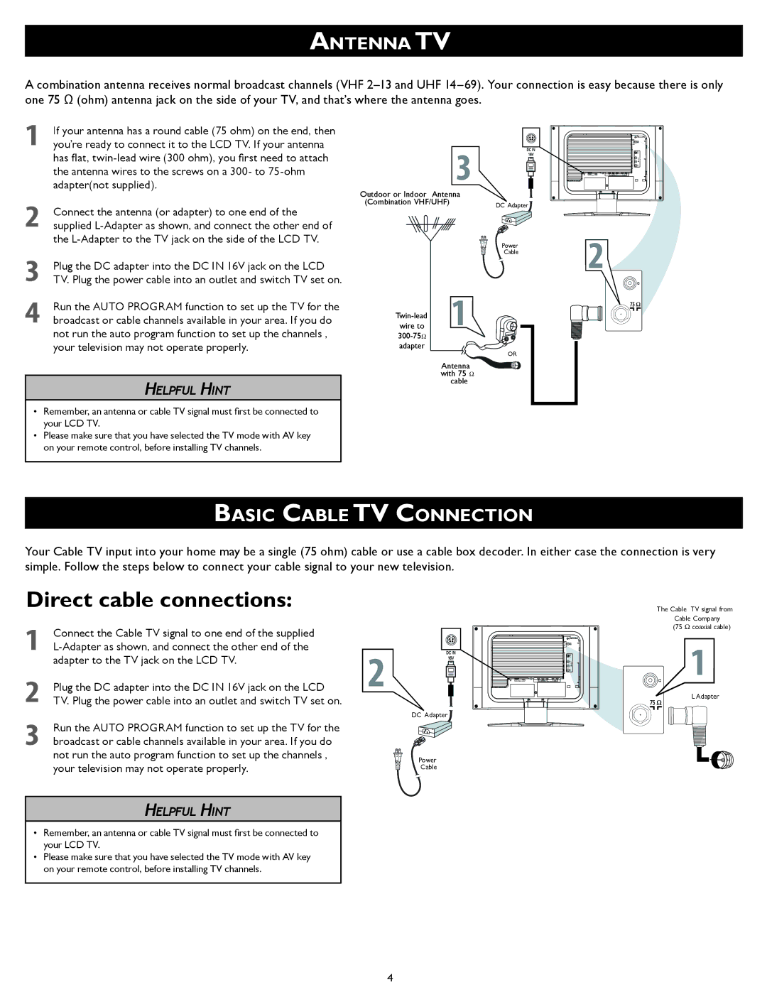 Philips 20TA1000/98 quick start Antenna TV, Basic Cable TV Connection, Helpful H INT 