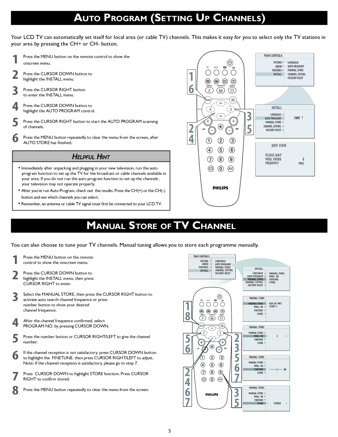 Philips 20TA1000/98 quick start Auto Program Setting UP Channels, Manual Store of TV Channel 