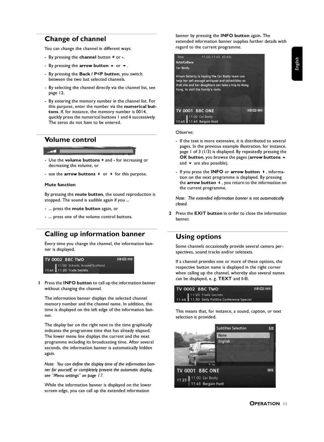 Philips 210, DTR user manual Change of channel, Volume control, Calling up information banner, Using options, Mute function 