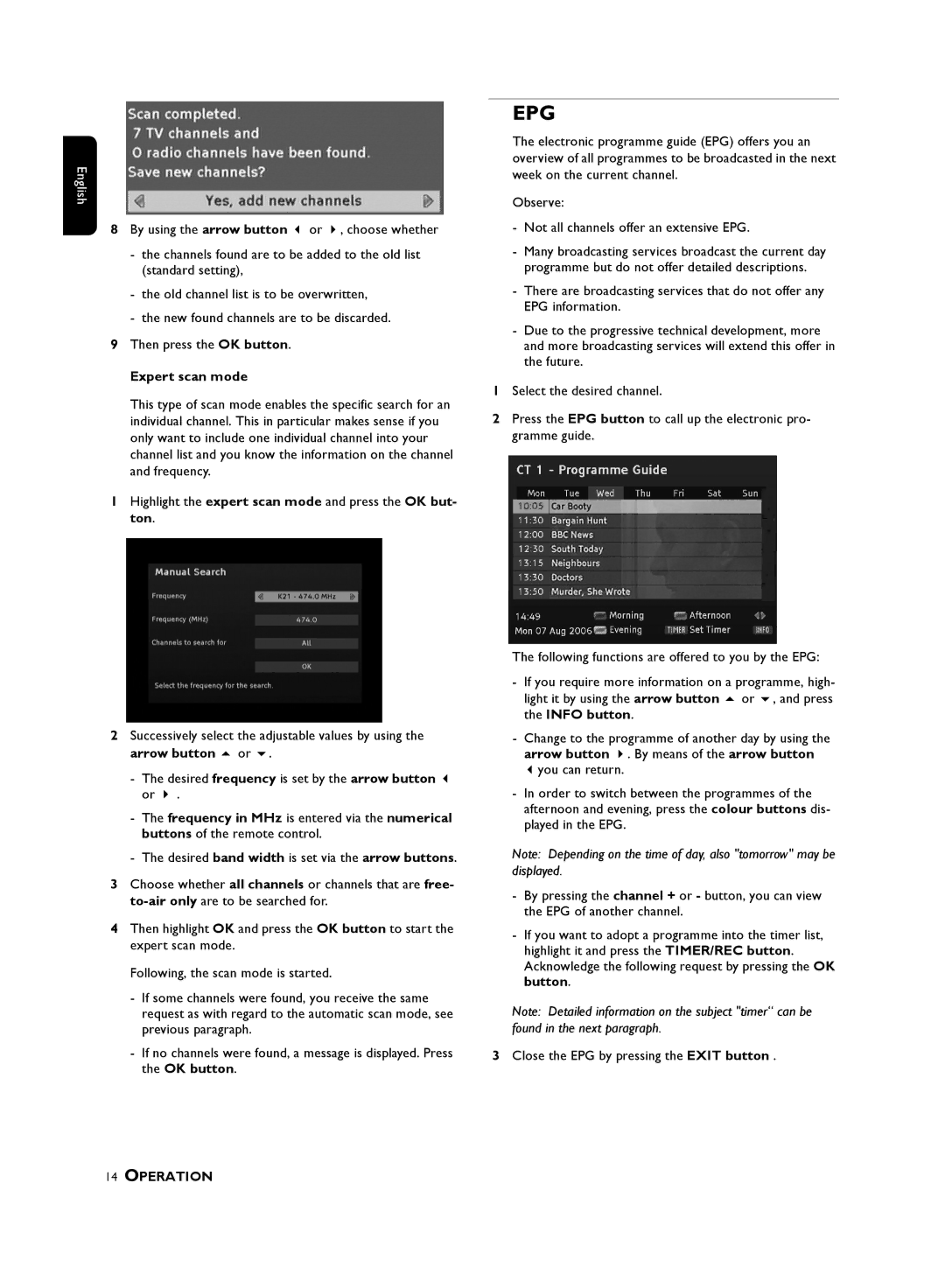 Philips DTR, 210 user manual Epg, Expert scan mode 