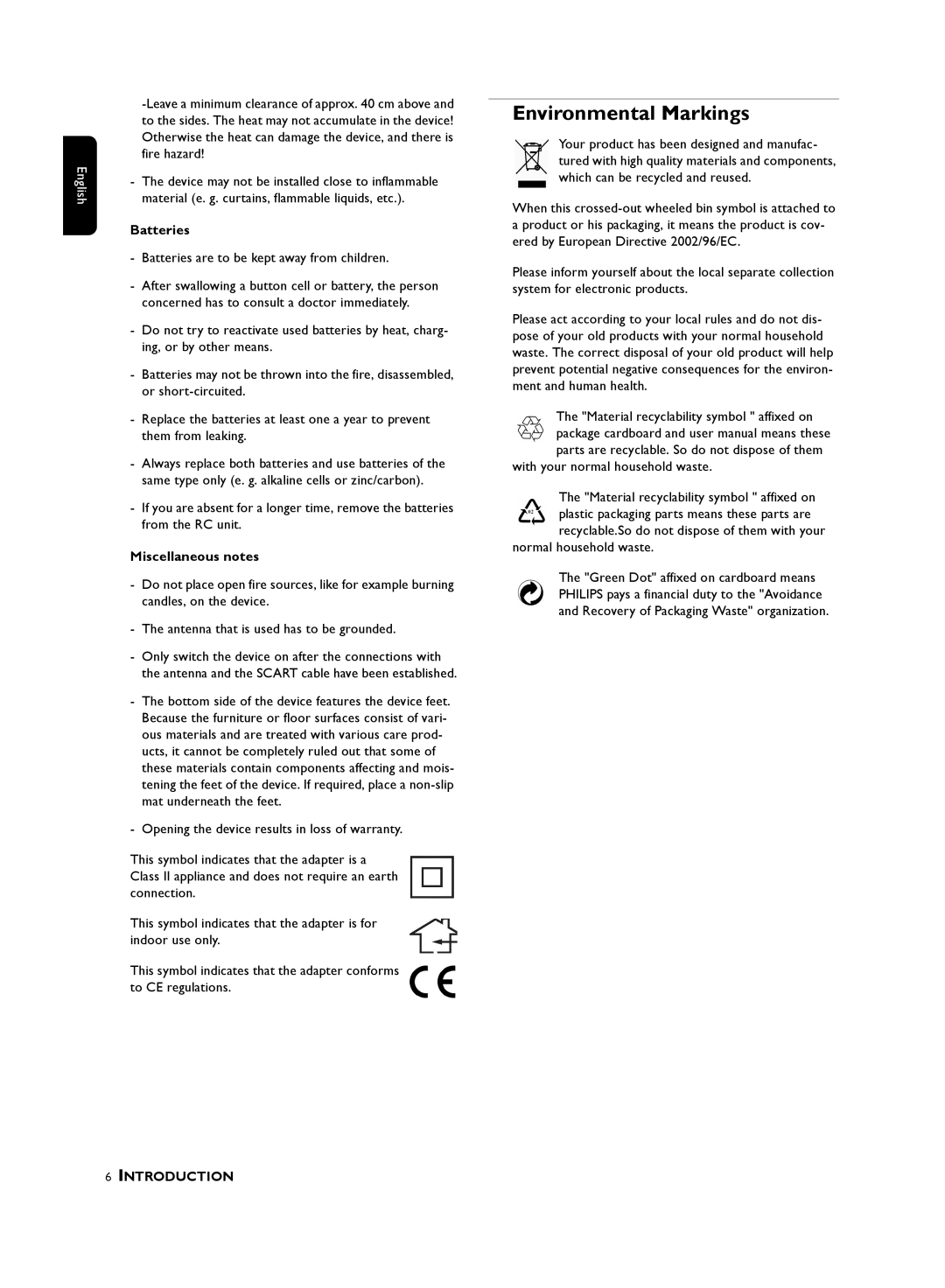 Philips DTR, 210 user manual Environmental Markings, Batteries, Miscellaneous notes 