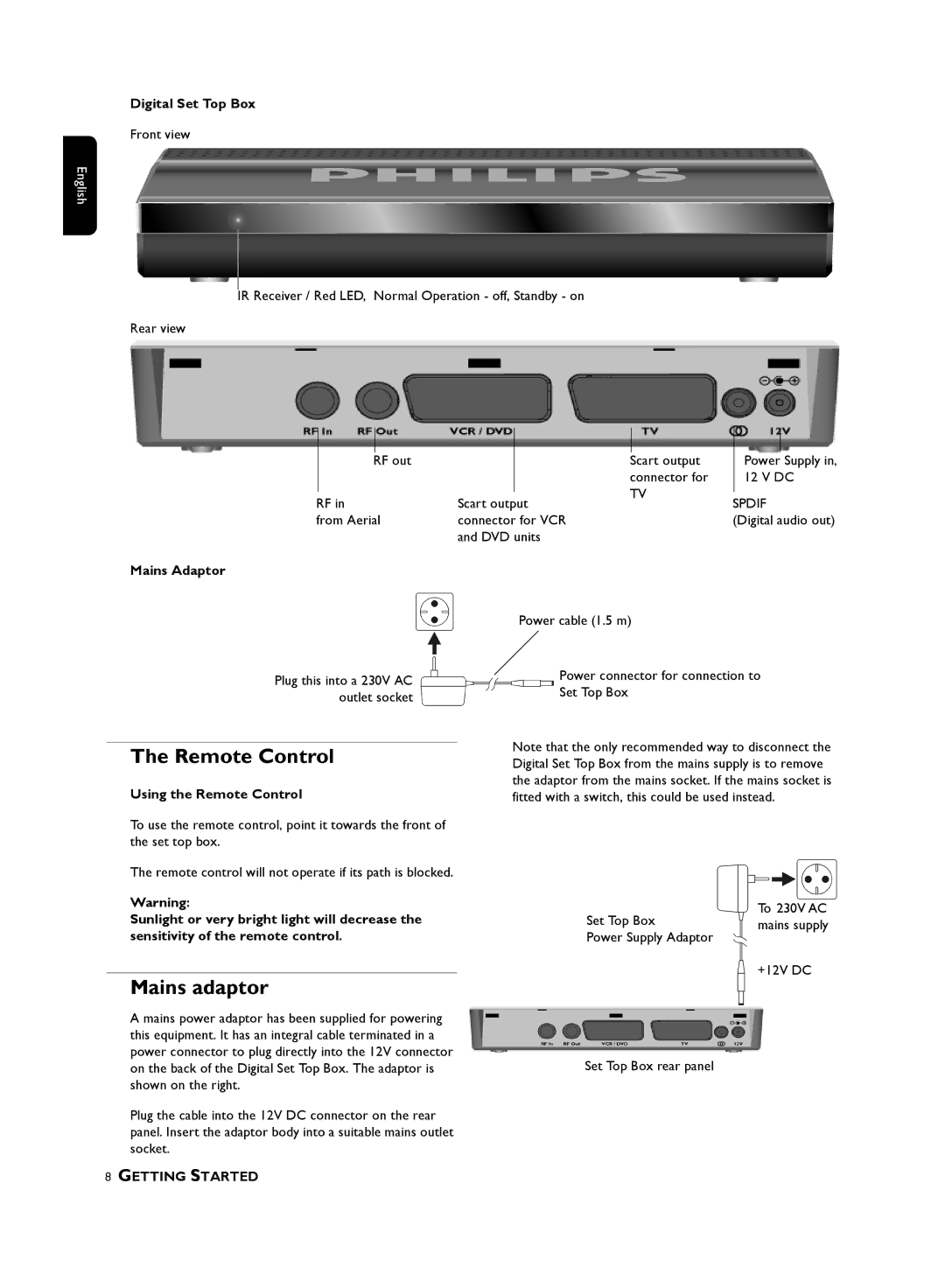 Philips DTR, 210 user manual Mains adaptor, Digital Set Top Box, Mains Adaptor, Using the Remote Control 