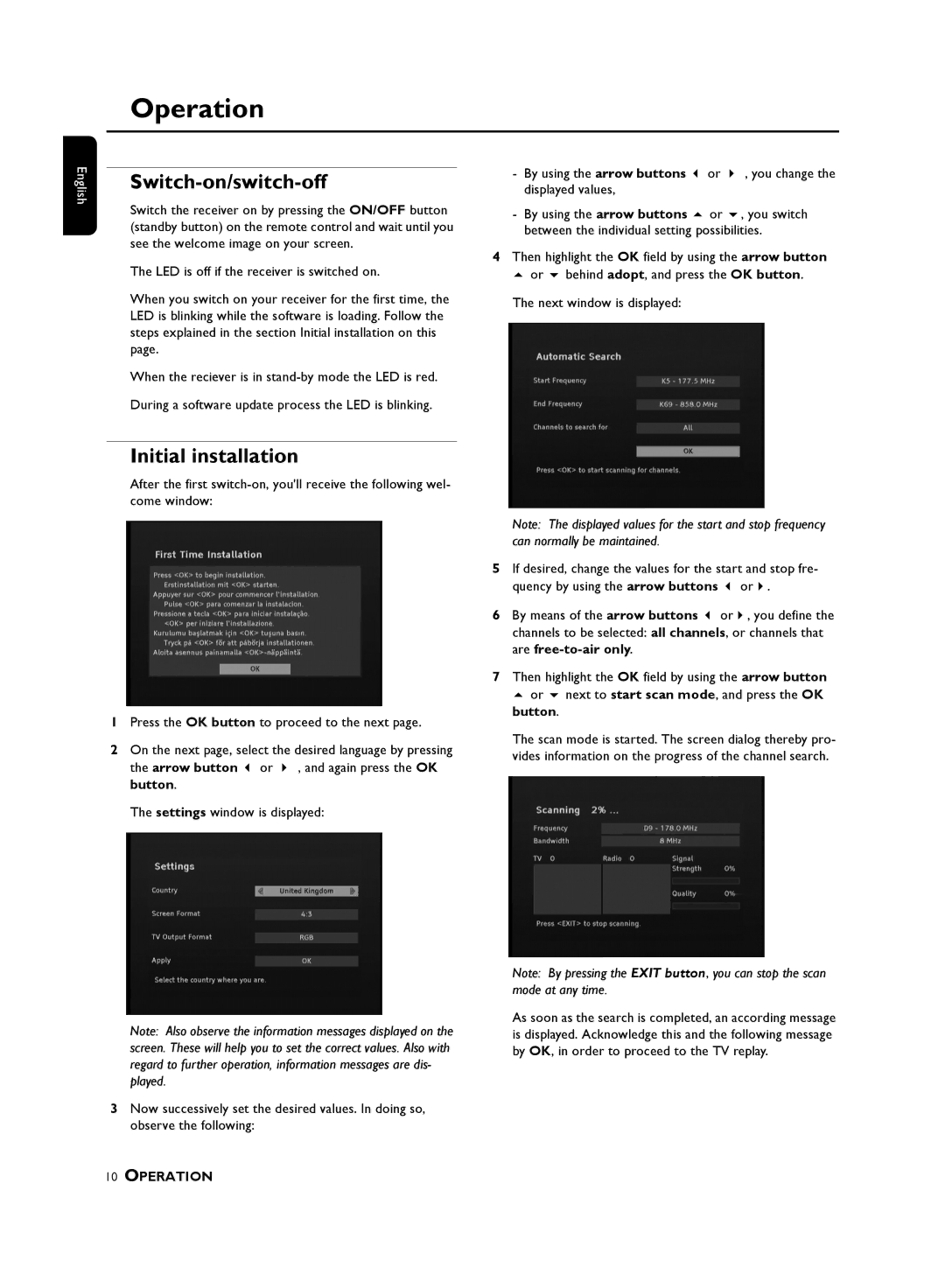 Philips DTR, 210 user manual Operation, Switch-on/switch-off, Initial installation, Arrow button or, Button 