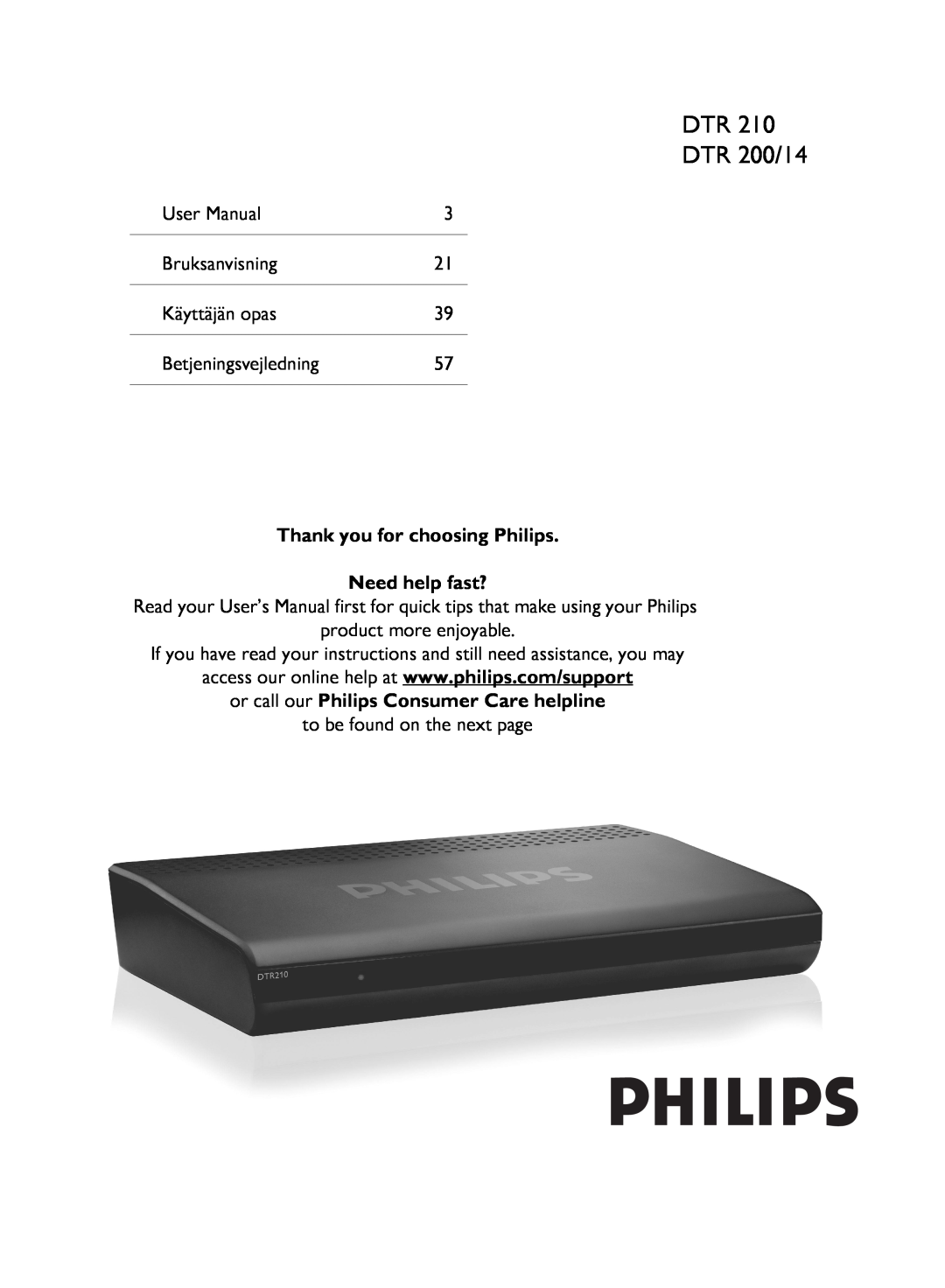 Philips 210 user manual DTR DTR 200/14, User Manual, Bruksanvisning, Käyttäjän opas, Betjeningsvejledning 