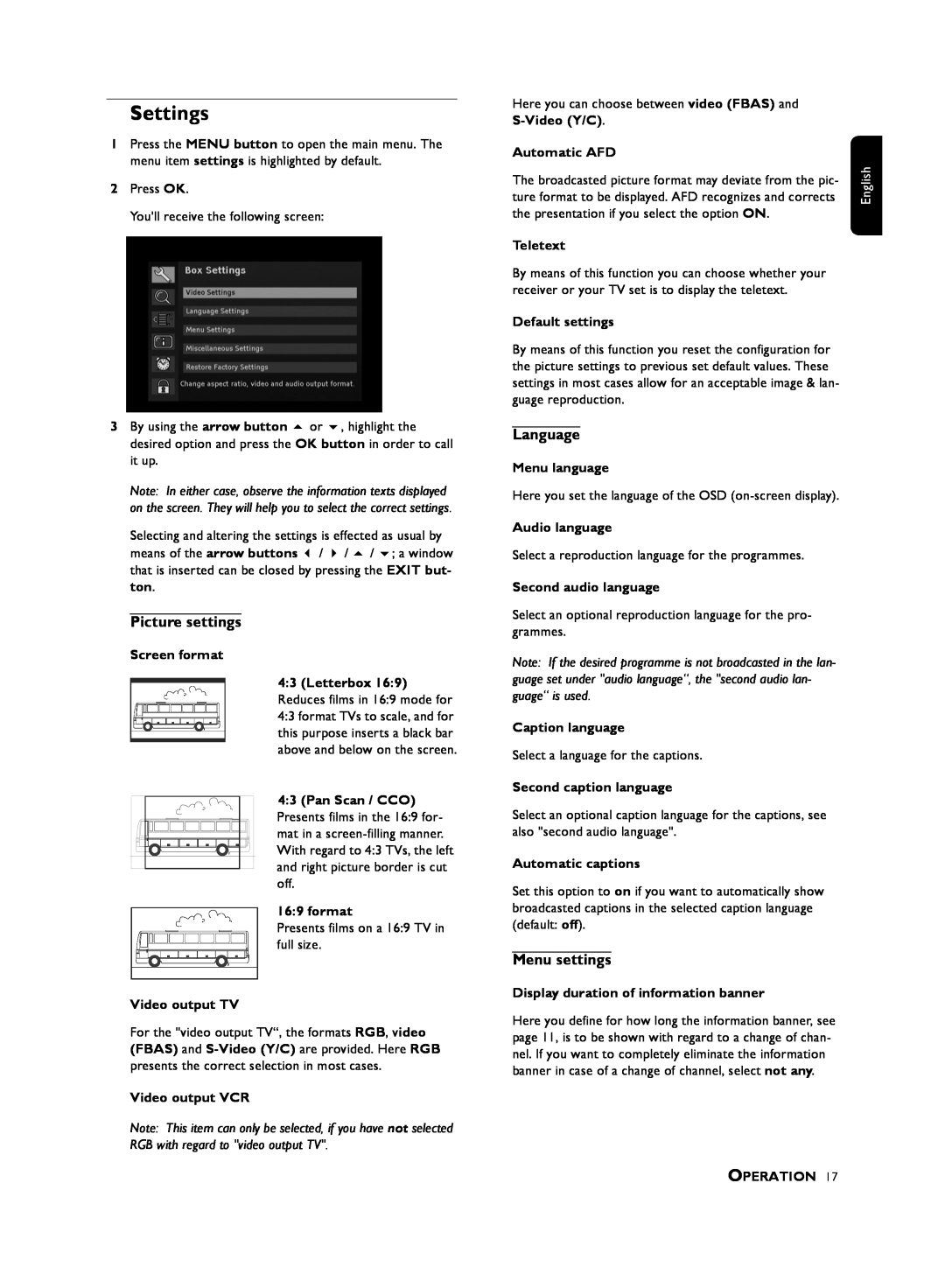Philips 210, DTR user manual Settings, Picture settings, Language, Menu settings, English 