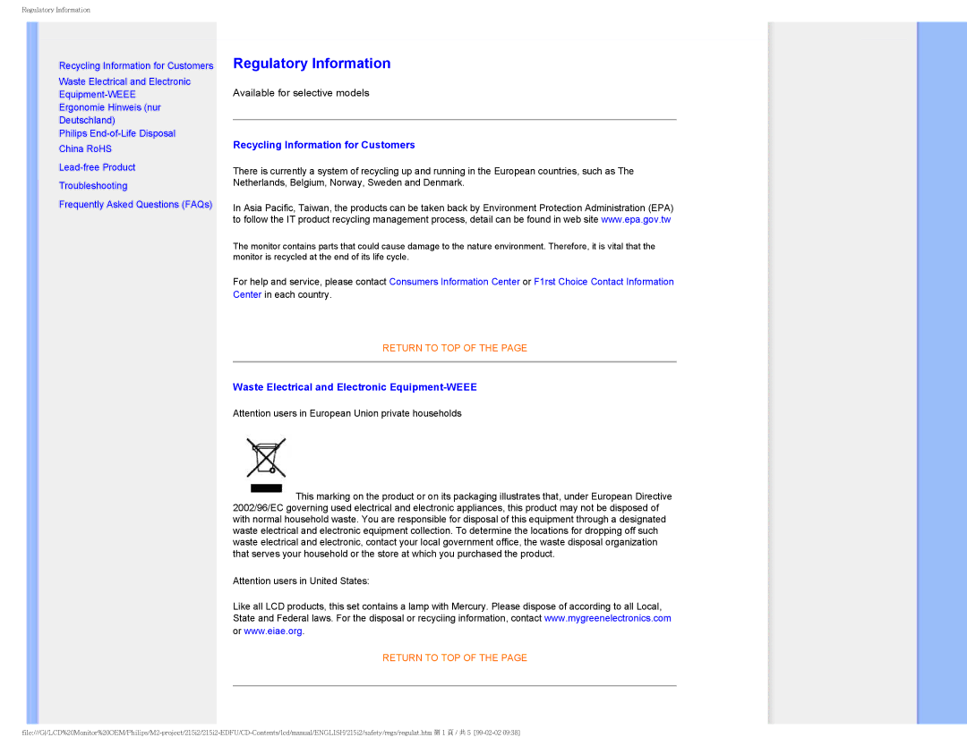 Philips 215I2 user manual Regulatory Information 