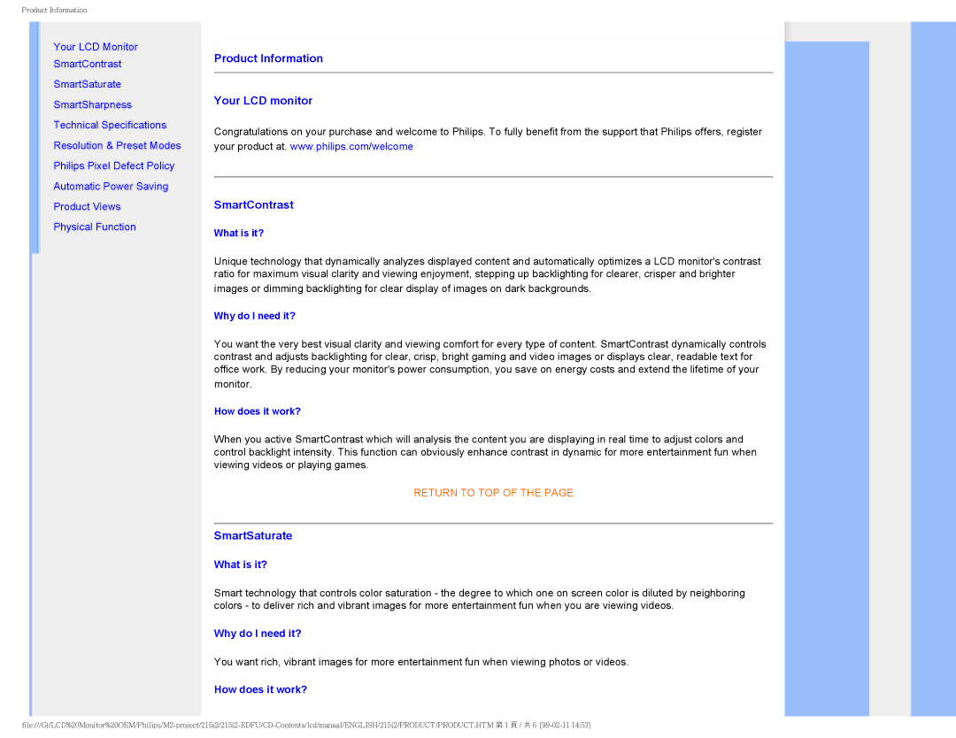 Philips 215I2 user manual Product Information Your LCD monitor SmartContrast, SmartSaturate 