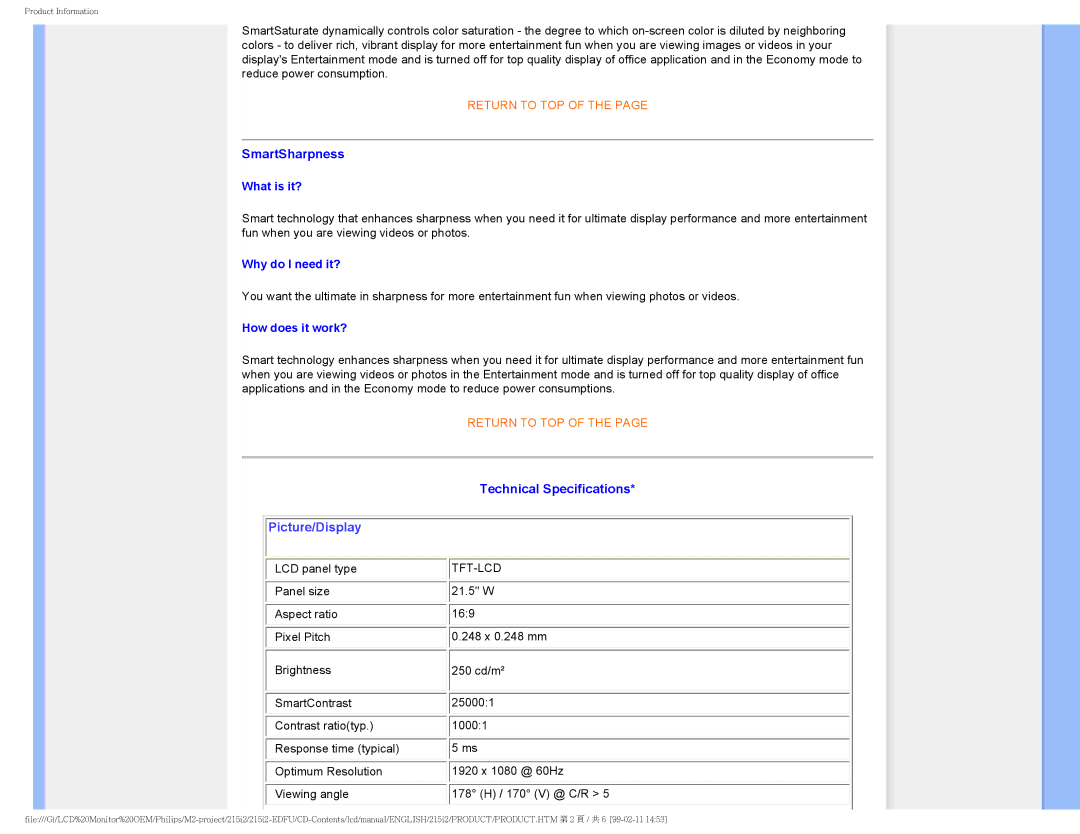 Philips 215I2 user manual SmartSharpness, Technical Specifications 