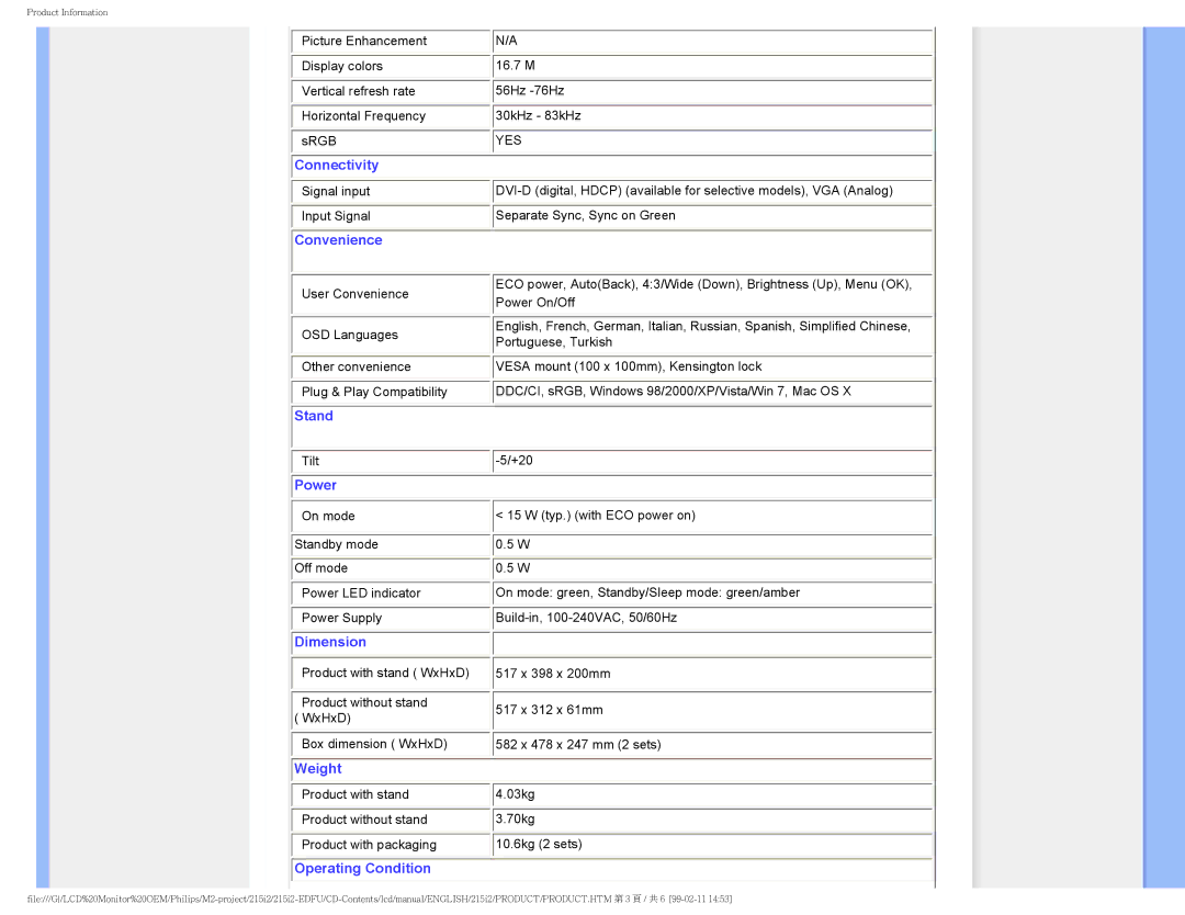 Philips 215I2 user manual Connectivity 