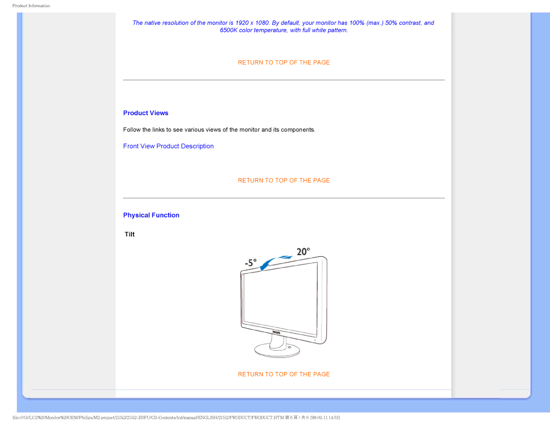 Philips 215I2 user manual Product Views, Physical Function, Tilt 