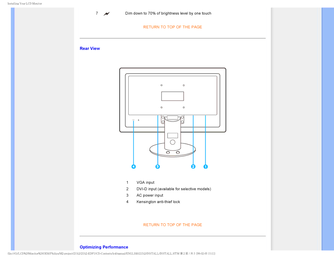 Philips 215I2 user manual Rear View, Optimizing Performance 