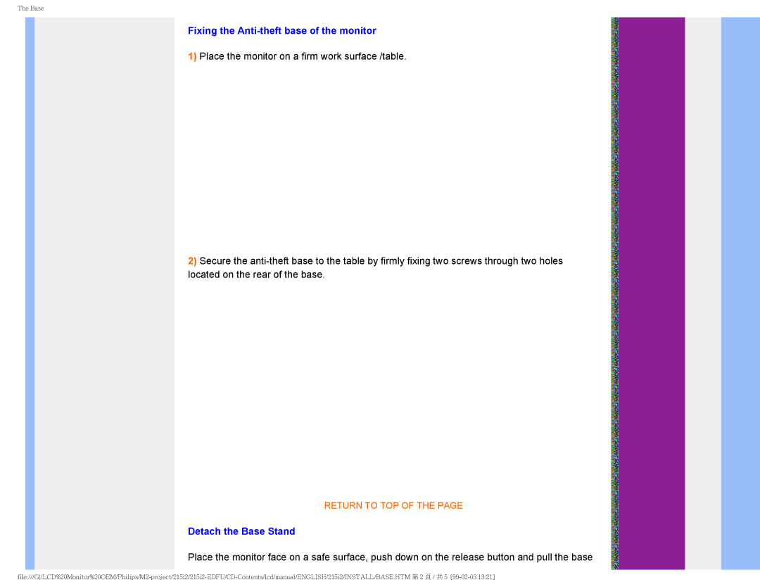 Philips 215I2 user manual Fixing the Anti-theft base of the monitor, Detach the Base Stand 