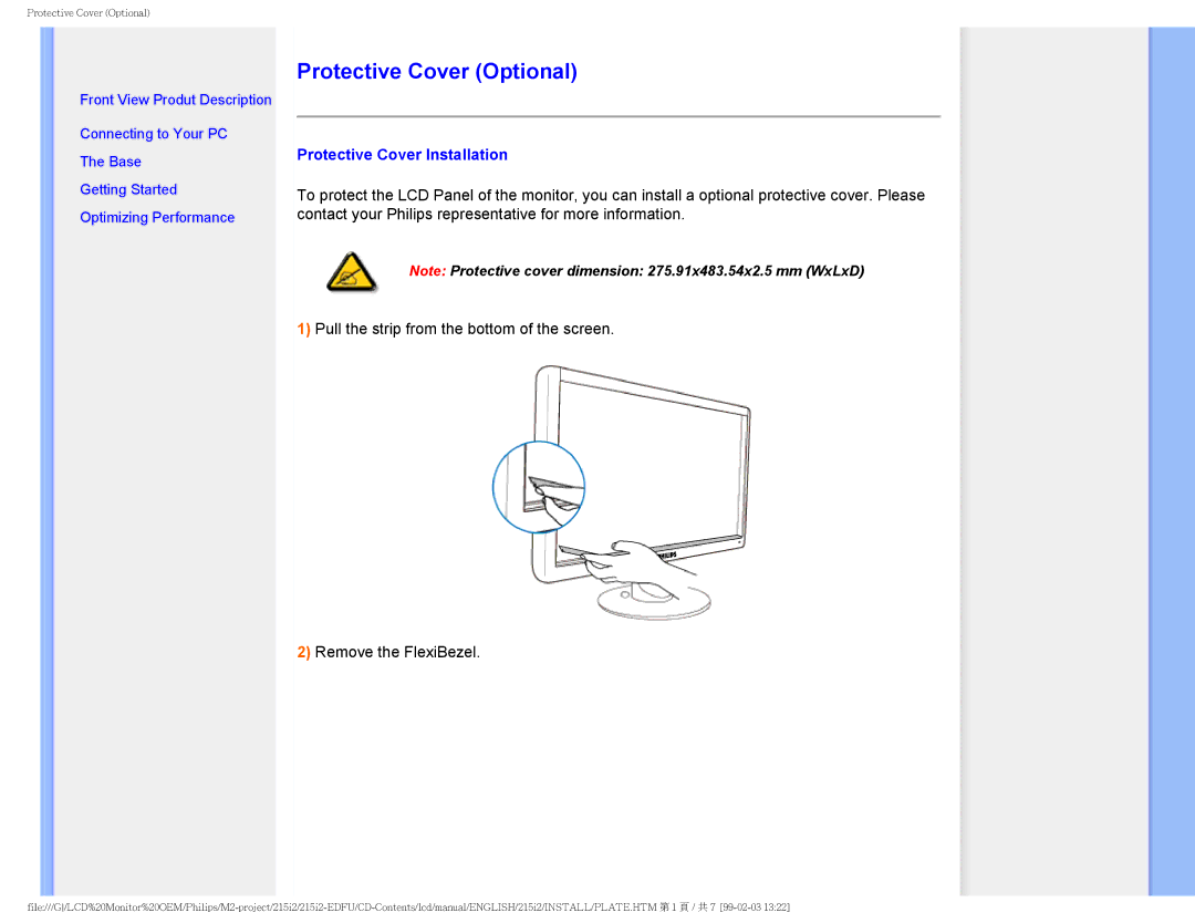 Philips 215I2 user manual Protective Cover Optional, Protective Cover Installation 