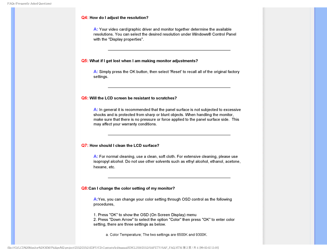 Philips 215I2 user manual Q4 How do I adjust the resolution?, Q5 What if I get lost when I am making monitor adjustments? 