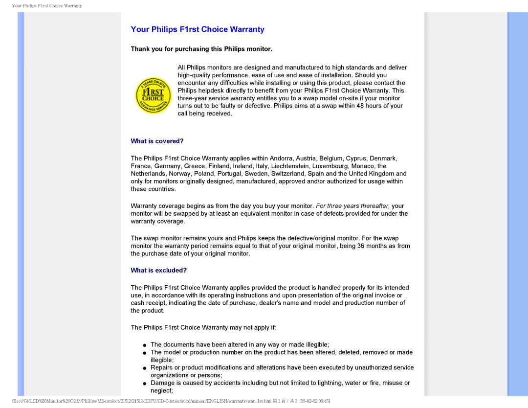 Philips 215I2 user manual Your Philips F1rst Choice Warranty, Thank you for purchasing this Philips monitor 