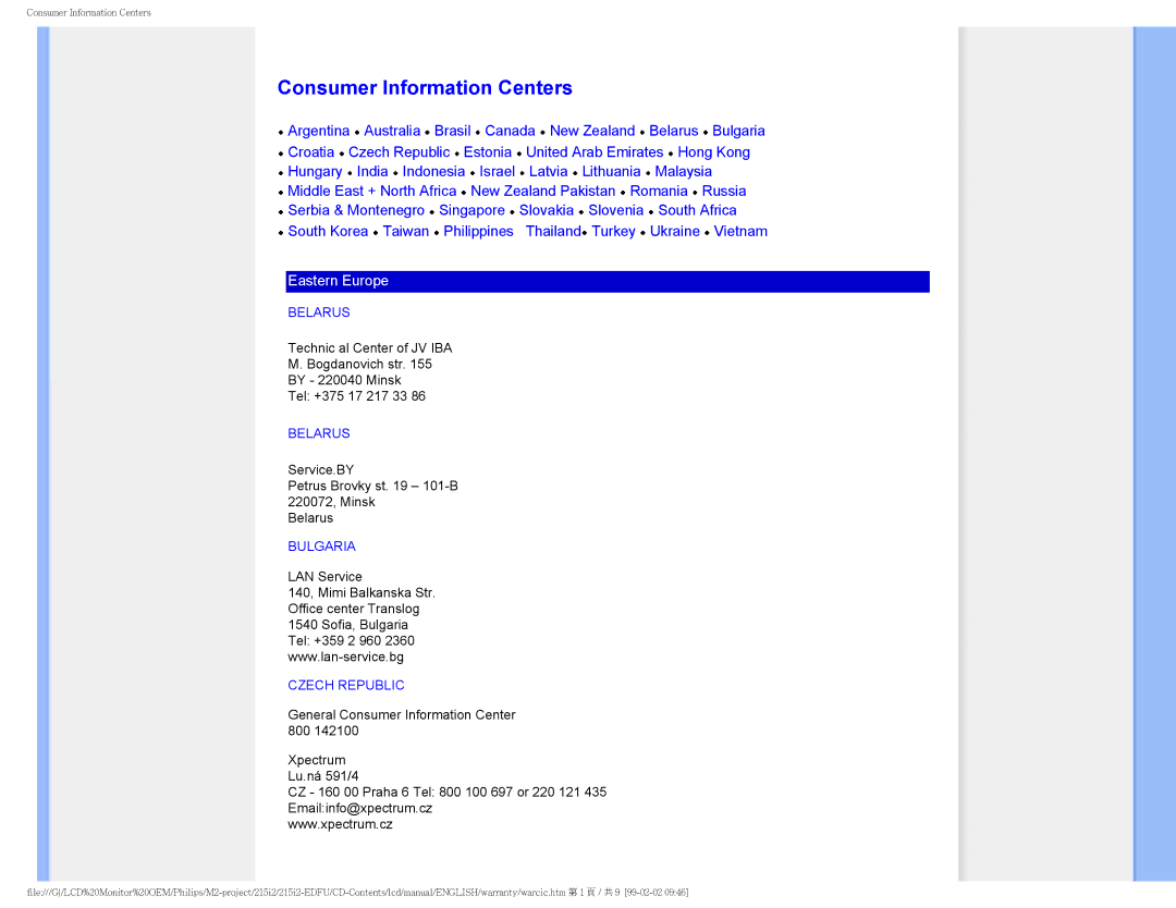 Philips 215I2 user manual Consumer Information Centers 